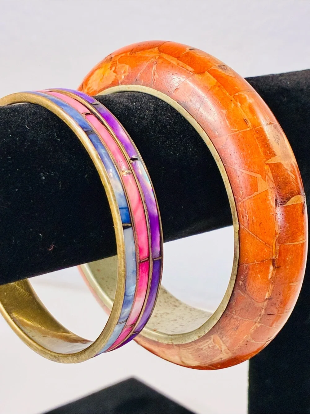Bold Orange Mosaic Inlay Bangle Bracelet Dyed Mother Of Pearl Blue Pink & Purple